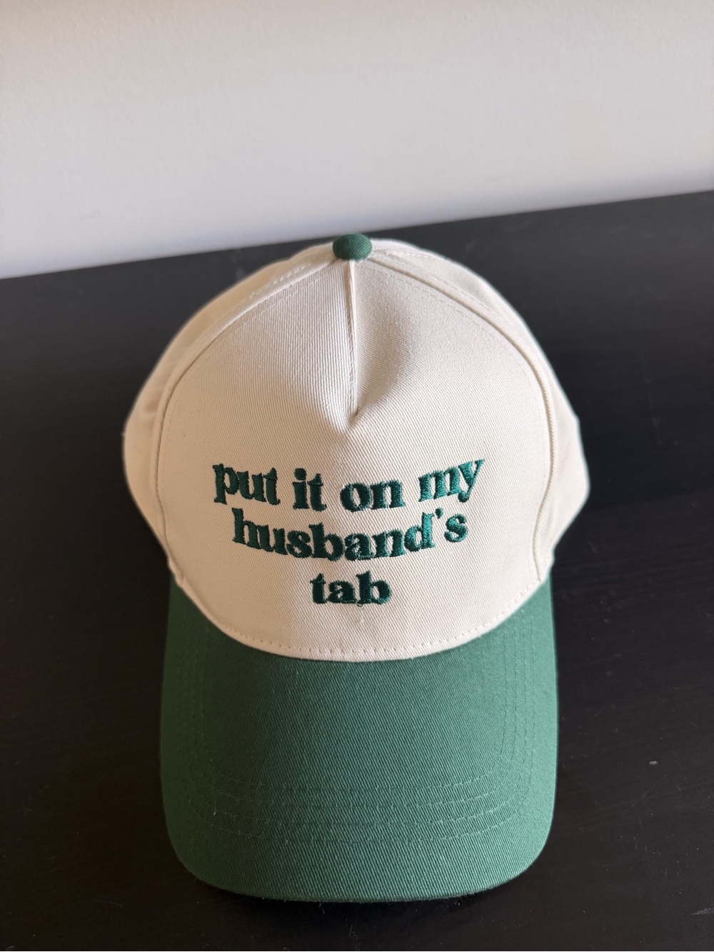 Cream and Green Baseball Cap with Embroidered Phrase